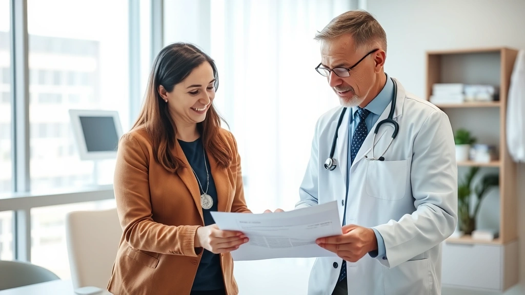 Doctor and patient discussing treatment plan in modern clinic, reviewing documents together, professional healthcare environment, warm supportive atmosphere