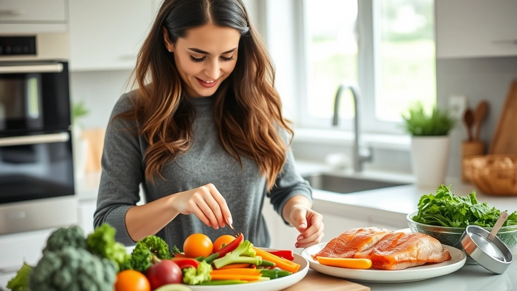 Woman preparing healthy meal with fresh vegetables and lean protein, modern kitchen, natural daylight, focused on nutritious food preparation