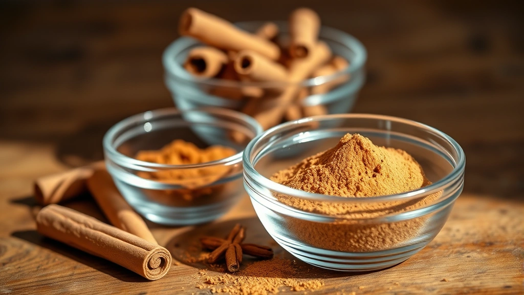 Close-up of Ceylon cinnamon sticks and freshly ground cinnamon powder in glass bowls on a wooden table, warm natural lighting, healthy lifestyle aesthetic