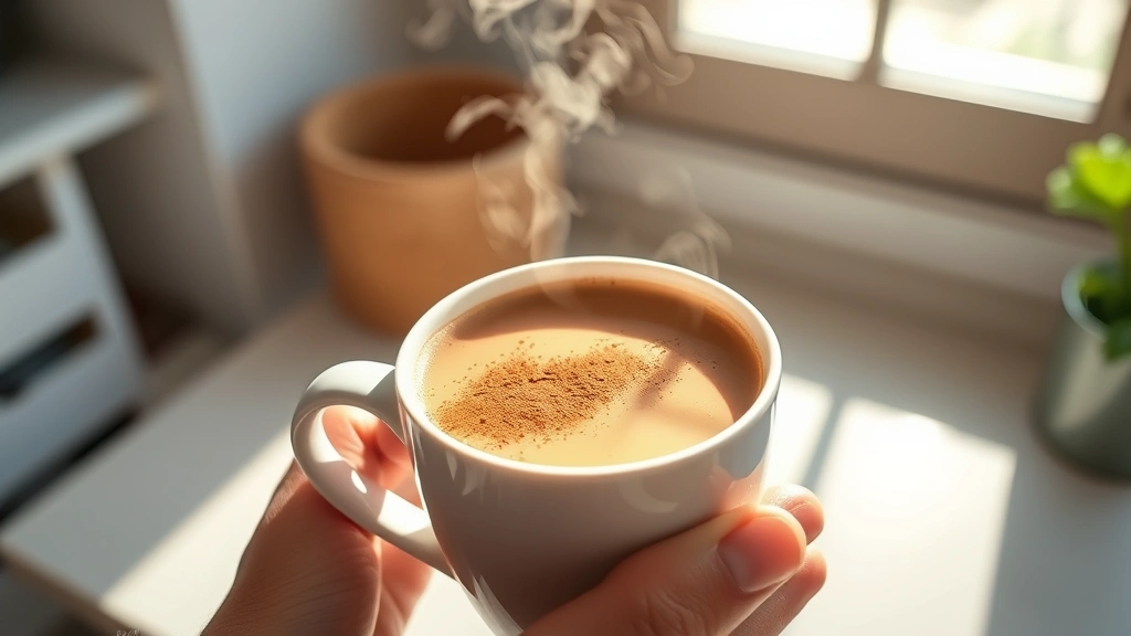 Person holding a steaming mug of cinnamon coffee with visible cinnamon powder floating on the surface, morning sunlight through kitchen window, wellness-focused composition