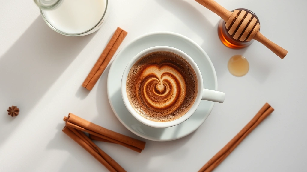 Overhead flat lay of coffee cup with cinnamon swirl, whole cinnamon sticks, and fresh ingredients like milk and honey nearby, clean minimalist styling, bright daylight
