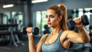 Woman doing strength training in modern gym with dumbbells, focused expression, natural lighting, athletic wear, diverse representation