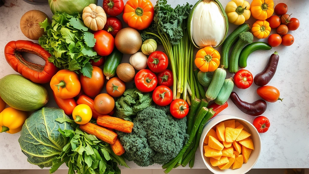 Overhead view of colorful vegetables and whole foods on kitchen counter, fresh produce including leafy greens and vibrant vegetables, bright natural daylight