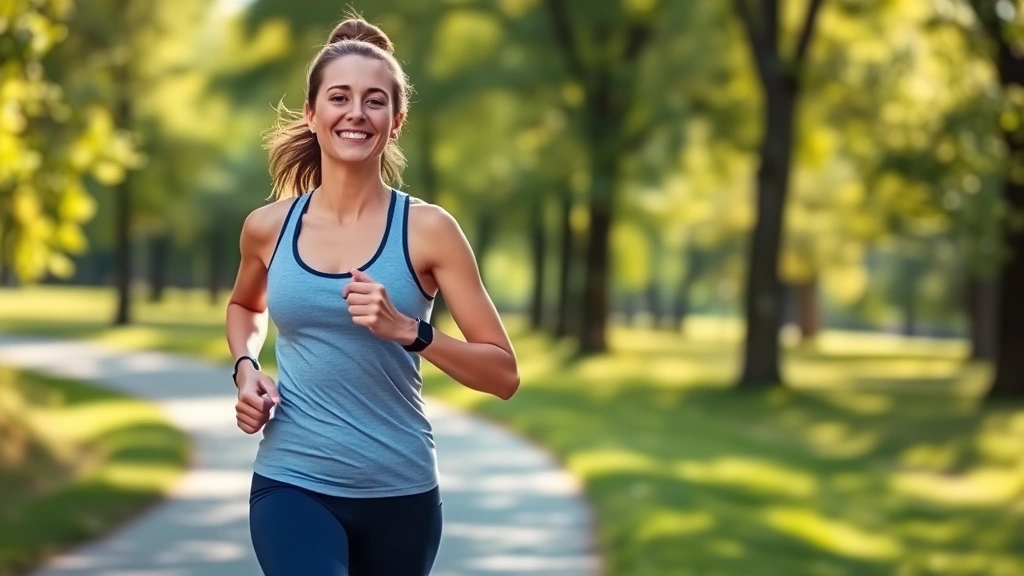 Woman jogging outdoors on sunny day through park trail, athletic build, determined expression, green trees background, morning light, wellness-focused