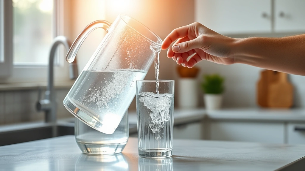 Person pouring pure filtered water from glass pitcher into drinking glass, sunlit kitchen counter, wellness setting, photorealistic