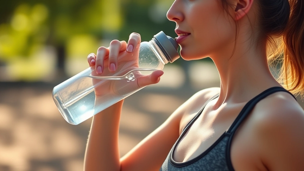 Woman drinking water bottle during morning fitness routine, natural lighting, healthy lifestyle context, no text visible