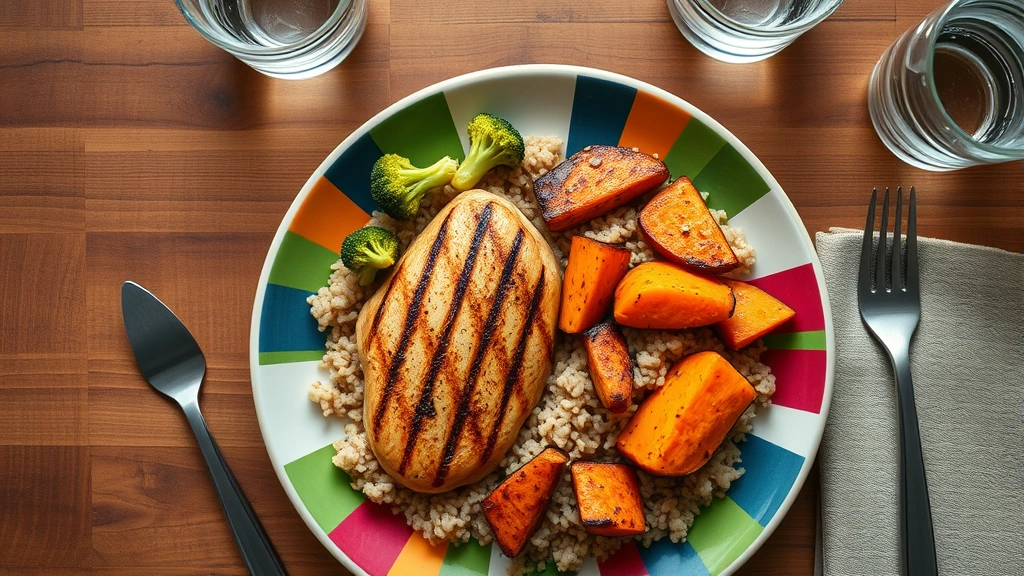 Photorealistic overhead view of a colorful plate with grilled chicken breast, roasted vegetables including broccoli and sweet potato, and brown rice, on a wooden table with a glass of water and notebook