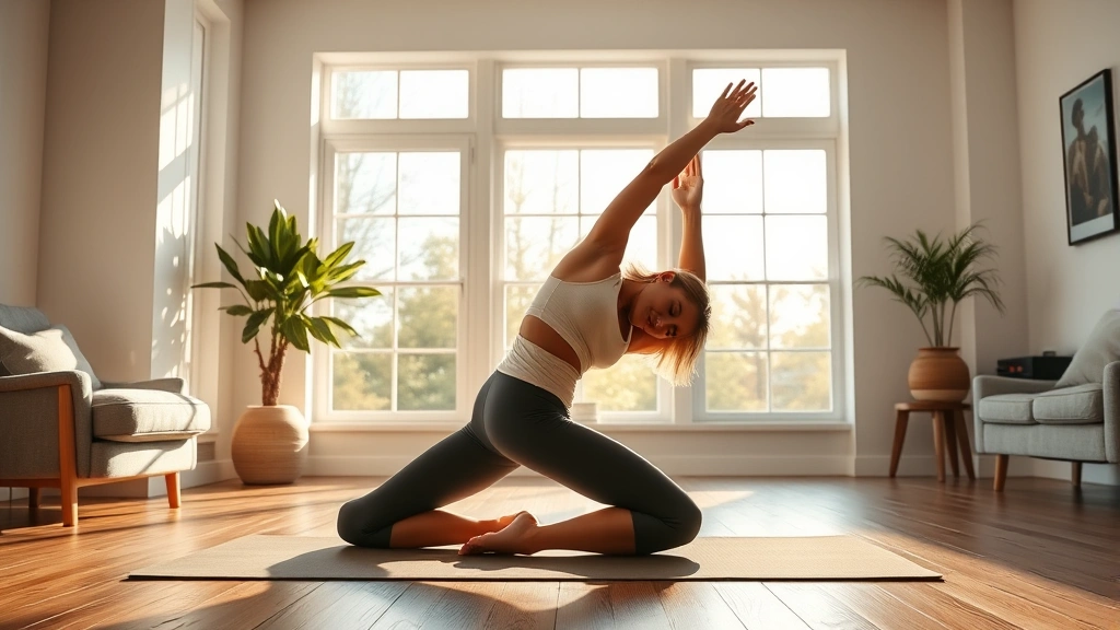 Photorealistic image of a person in athletic wear doing morning stretching exercise on a yoga mat in a bright, sunlit living room with large windows, showing wellness and healthy lifestyle