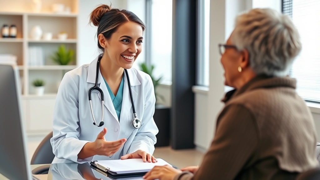 Professional female doctor in white coat having supportive conversation with patient in modern medical office, both smiling, warm lighting, clipboard visible on desk, diverse representation, healthcare setting