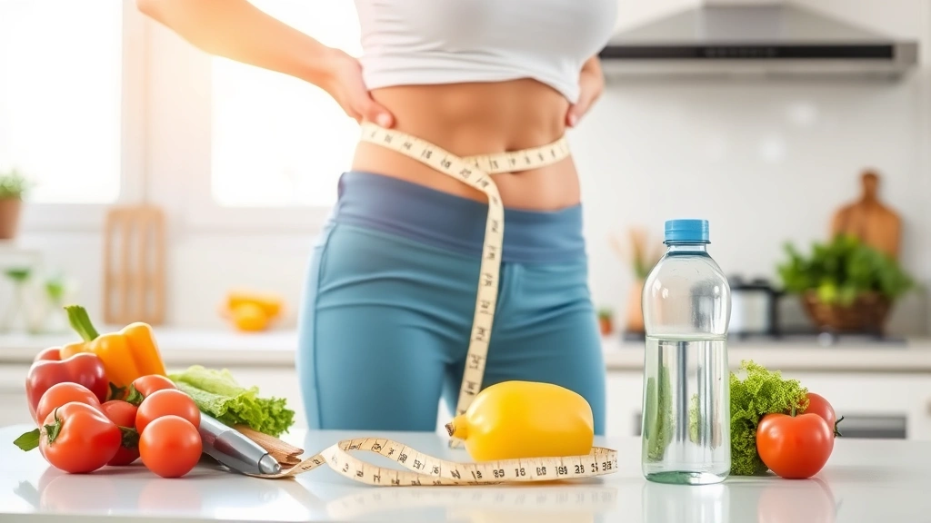Person measuring waist with tape measure standing in bright kitchen with fresh vegetables and water bottle on counter, natural morning light through windows, healthy food preparation environment, motivational atmosphere
