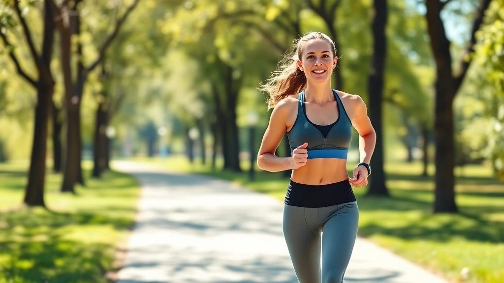 Fit woman jogging outdoors on sunny park path with trees, wearing athletic wear, confident expression, natural daylight, healthy lifestyle activity, wellness-focused imagery, no fitness tracker or numbers visible