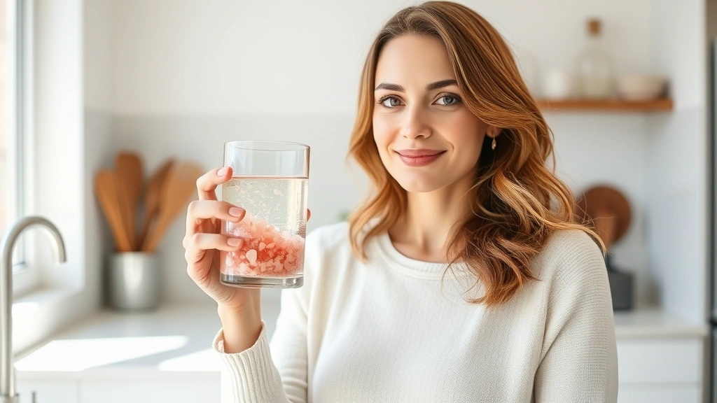 Woman in bright kitchen holding glass of water with dissolving pink salt crystals, natural sunlight streaming through window, healthy wellness aesthetic, calm expression, clean modern kitchen background