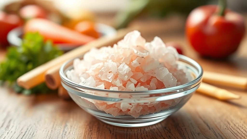 Close-up of pink Himalayan salt crystals in glass bowl on wooden table, soft morning light, fresh vegetables blurred in background, wellness and nutrition theme, no text or labels