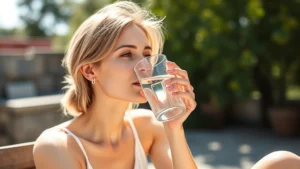 Woman drinking water from glass while sitting outdoors in sunlight, healthy glowing skin visible, natural lighting, wellness focused