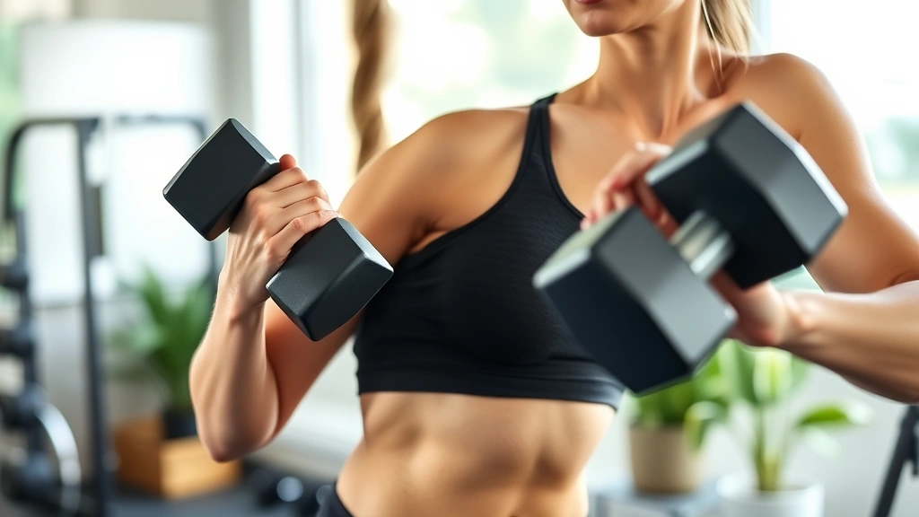 Fit woman doing dumbbell strength training exercise in bright home gym, toned muscular arms and shoulders, confident posture, healthy appearance