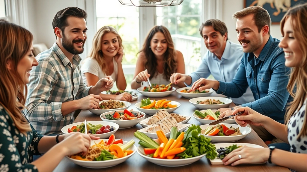 Diverse group of people eating nutritious colorful meal together at table, fresh vegetables and lean proteins visible, natural lighting, happy and healthy