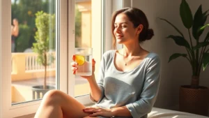 A woman sitting peacefully in morning sunlight near a window, holding a glass of water with fresh lemon, representing digestive wellness and healthy hydration for weight management