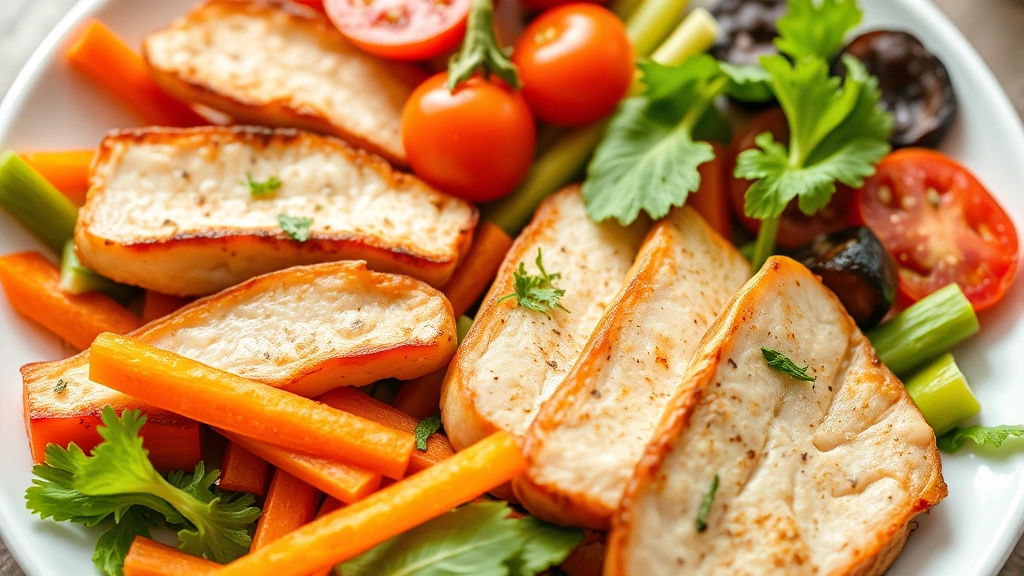 Close-up of colorful fresh vegetables and lean proteins arranged on a white plate, showing balanced nutrition and healthy eating for sustainable weight loss