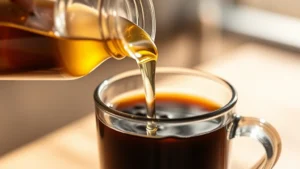 Close-up of clear MCT oil being poured into a steaming cup of black coffee, morning light, wellness aesthetic, no text