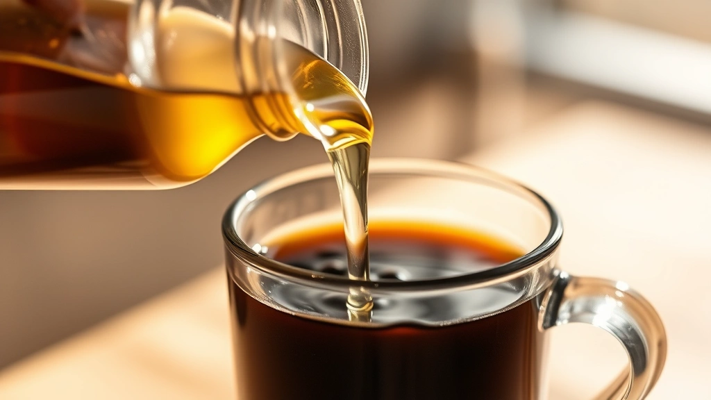 Close-up of clear MCT oil being poured into a steaming cup of black coffee, morning light, wellness aesthetic, no text