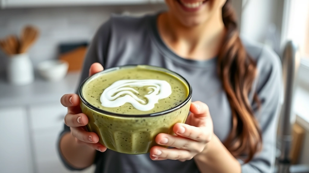 Woman holding a green smoothie bowl with coconut oil drizzle and fresh berries, bright kitchen setting, healthy lifestyle, no text