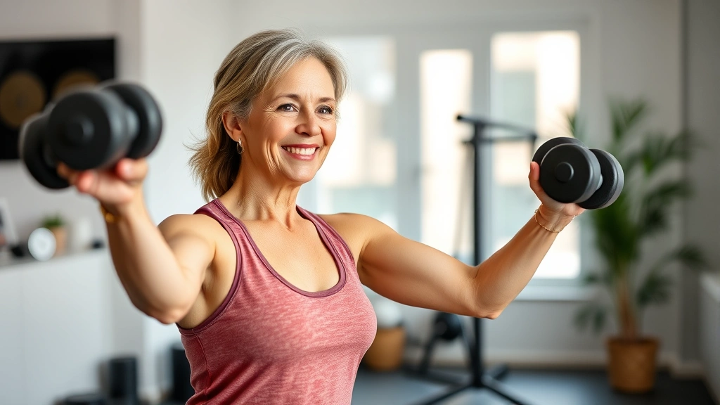 A fit, healthy woman in her 50s doing strength training with dumbbells in a bright home gym, smiling with confidence, demonstrating exercise during midlife health management