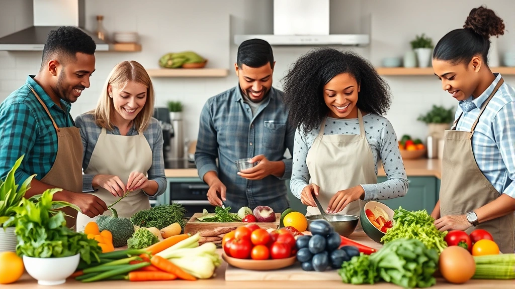 A diverse group of people preparing fresh vegetables and whole foods in a modern kitchen, showing balanced nutrition and meal planning for metabolic health