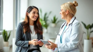 Professional woman in medical setting consulting with female doctor about hormone therapy and weight loss, both smiling, modern clinic background, natural lighting, health-focused atmosphere