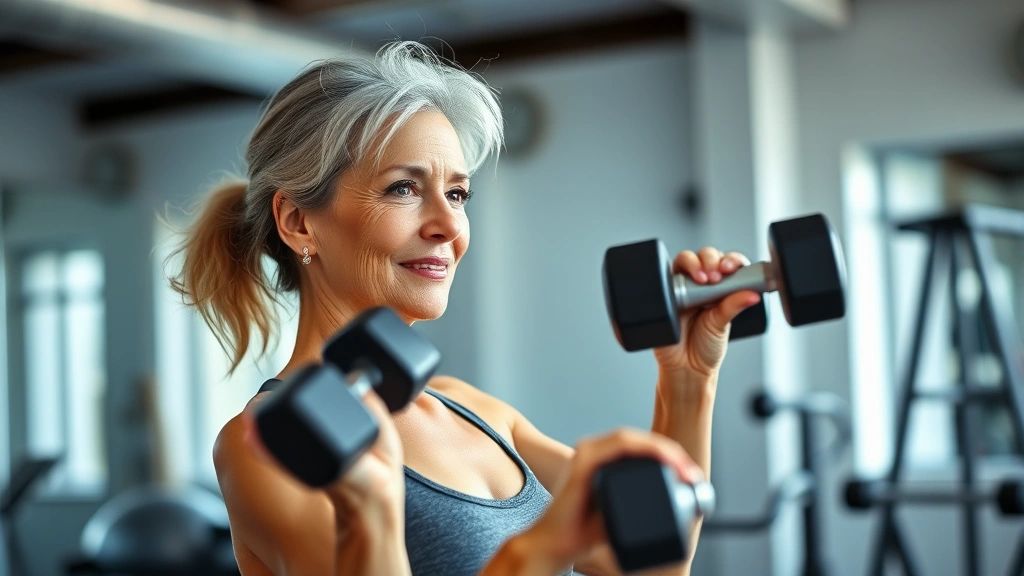 Fit woman in her 50s performing strength training with dumbbells in bright home gym, focused expression, resistance equipment visible, energetic and healthy appearance, natural daylight