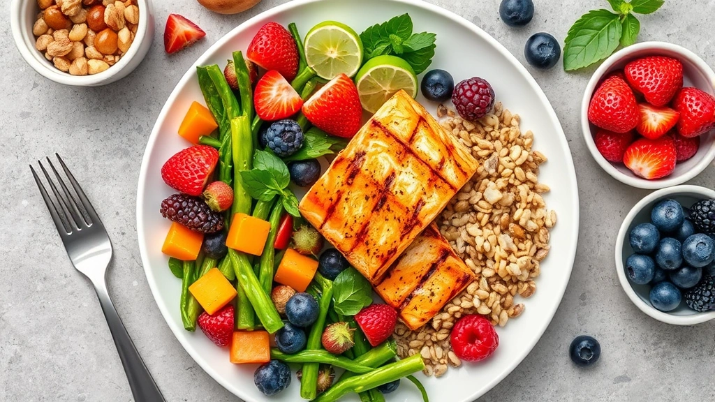 Nutritious meal spread featuring grilled salmon, colorful vegetables, whole grains, and fresh berries on white plate, overhead view, vibrant colors, wellness-focused food styling