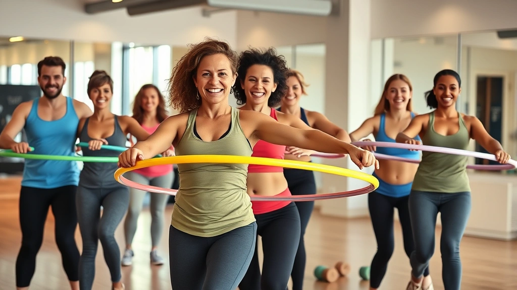 Group of diverse adults in fitness studio enjoying hula hoop workout together, energetic and happy expressions, well-lit modern gym setting