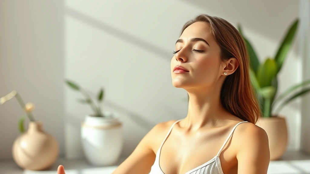 Serene woman in peaceful meditation pose with soft natural lighting, eyes closed, surrounded by calm spa environment with plants and soft colors, representing relaxation and mental clarity for weight loss mindset