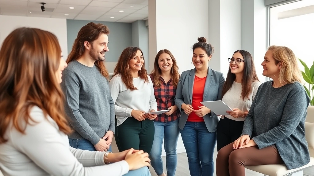 Diverse group of people at health consultation meeting with professional advisor, smiling and engaged, modern wellness clinic setting, discussing weight management strategies and healthy lifestyle plans together