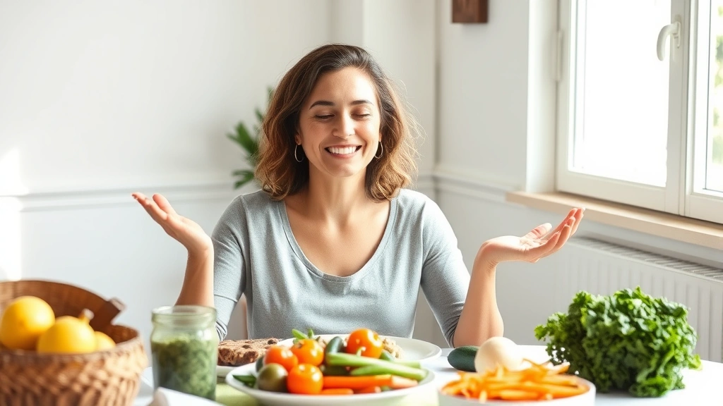 Woman enjoying healthy meal at table with colorful vegetables and nutritious food, peaceful expression, natural sunlight, representing mindful eating and positive relationship with food for sustainable weight loss