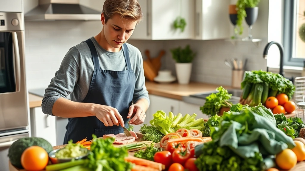Person meal prepping fresh vegetables and lean proteins in modern kitchen, healthy food preparation, natural lighting, focused and determined expression