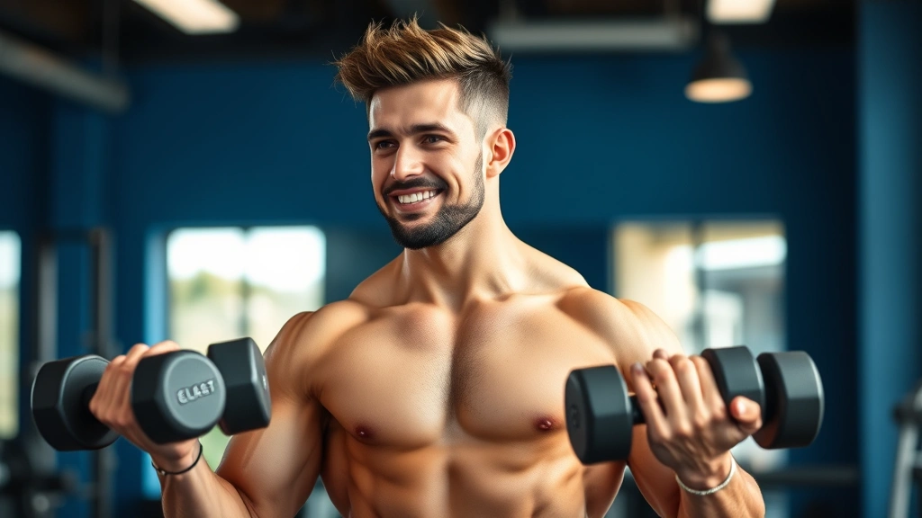 Individual performing strength training with dumbbells in bright gym, muscular development, proper form, energized and confident demeanor
