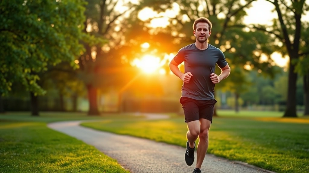 Person jogging outdoors through green park at sunrise, active lifestyle, cardiovascular fitness, peaceful natural environment, health-focused determination