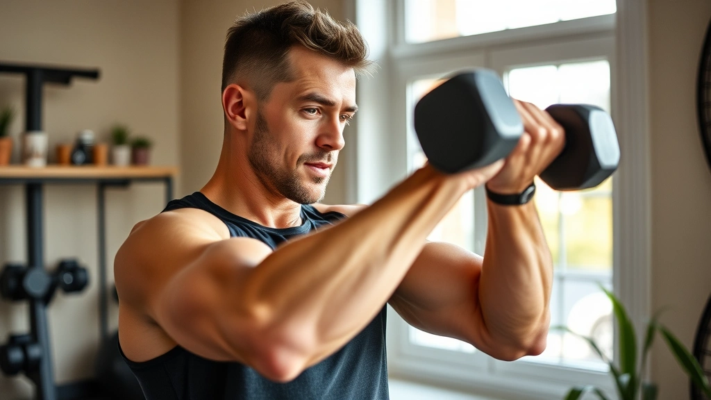 Person doing resistance training with dumbbells in home gym, focused expression, proper form, natural window lighting, strength building activity