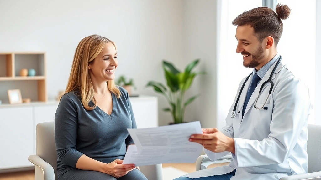 Professional healthcare consultation: Doctor and patient discussing weight loss goals in modern clinic office, both smiling and reviewing health documents together, natural lighting, warm supportive atmosphere