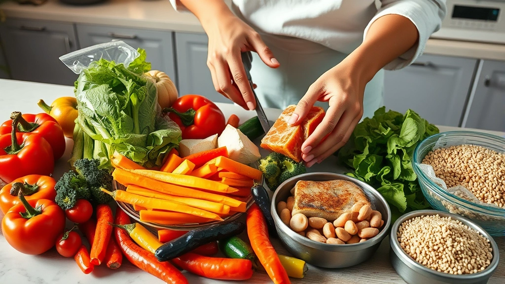 Healthy meal preparation: Colorful fresh vegetables, lean proteins, and whole grains arranged on kitchen counter, person's hands preparing nutritious food, natural daylight, vibrant and appetizing composition
