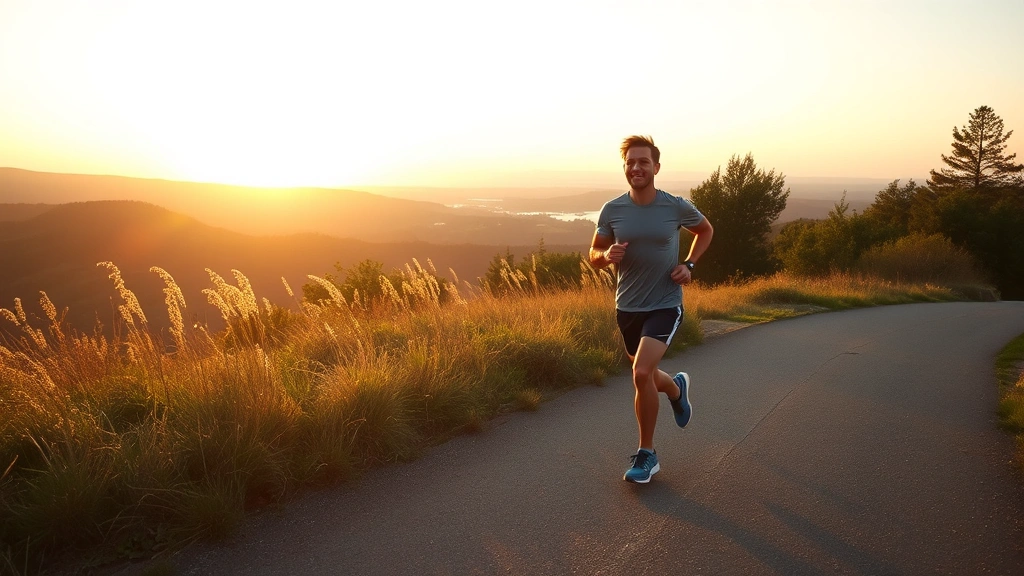 Active lifestyle: Person jogging outdoors on scenic path during golden hour, surrounded by nature, demonstrating regular physical activity and wellness, energetic and positive mood