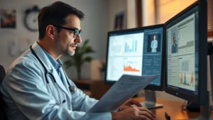 Healthcare professional reviewing medical records on computer, professional office setting, warm lighting, focused expression examining patient documentation