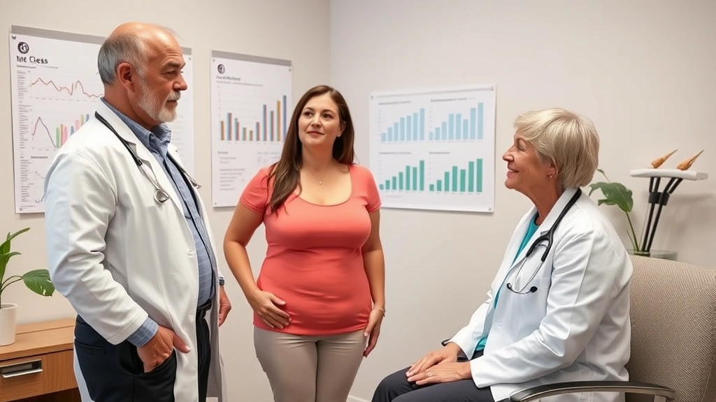 Doctor and patient in consultation room discussing weight loss progress with charts and measurements visible in background, supportive atmosphere