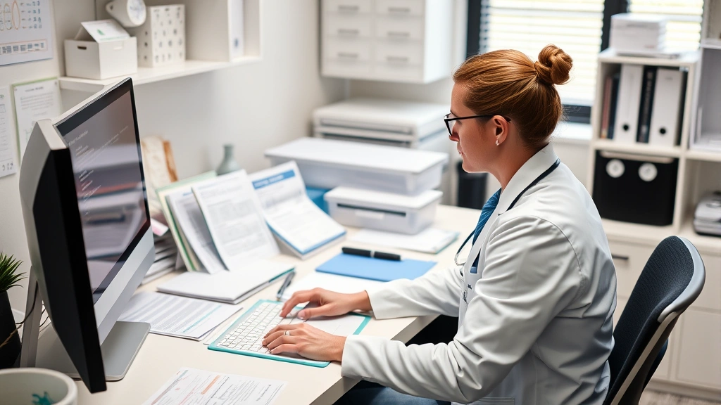 Medical coding specialist working at desk with ICD-10 reference materials and healthcare documentation, organized workspace with computer screen