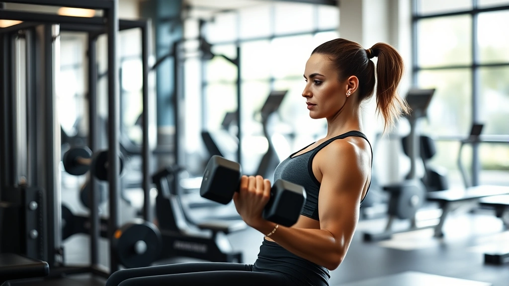 Fit woman in modern gym performing dumbbell bench press with proper form, surrounded by professional fitness equipment, natural lighting, focused expression