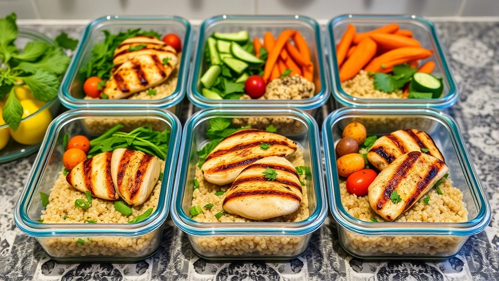 Colorful Mediterranean-style meal prep containers with grilled chicken, quinoa, roasted vegetables, and fresh herbs on kitchen counter, appetizing and healthy presentation