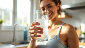 Person holding a glass of ice water with condensation, smiling in bright kitchen lighting, wearing fitness attire, natural daylight streaming through windows, healthy wellness atmosphere