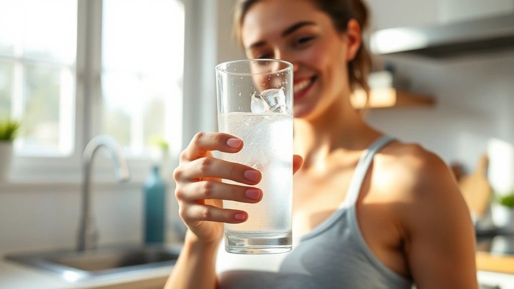 Person holding a glass of ice water with condensation, smiling in bright kitchen lighting, wearing fitness attire, natural daylight streaming through windows, healthy wellness atmosphere