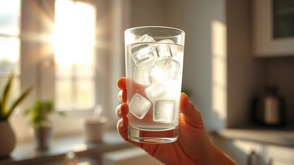 Person holding a cold glass of water with ice cubes, morning sunlight streaming through kitchen window, peaceful healthy lifestyle setting, close-up focus on refreshing drink