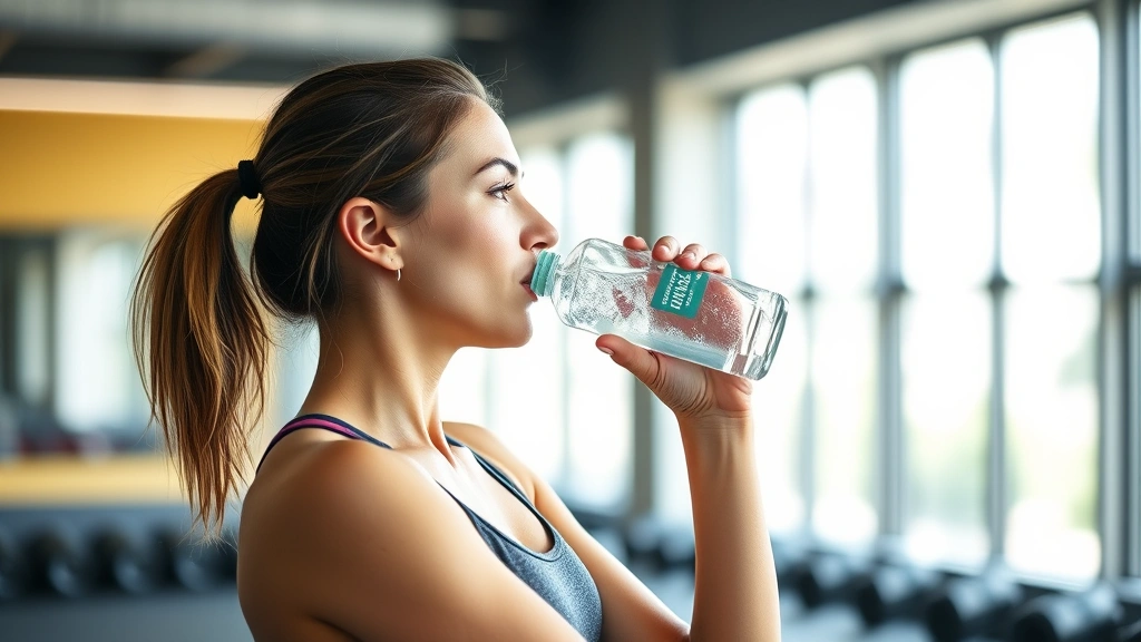 Woman drinking ice water at gym after aerobic workout, athletic wear, water bottle nearby, energetic wellness environment, natural lighting emphasizing hydration